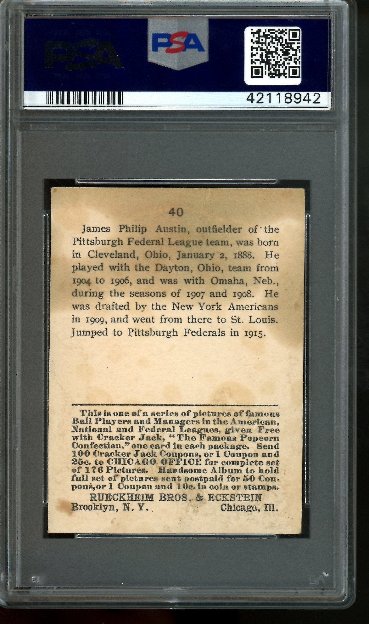 1915 Cracker Jack Jimmy Austin #40 PSA 2 Pittsburgh Federals