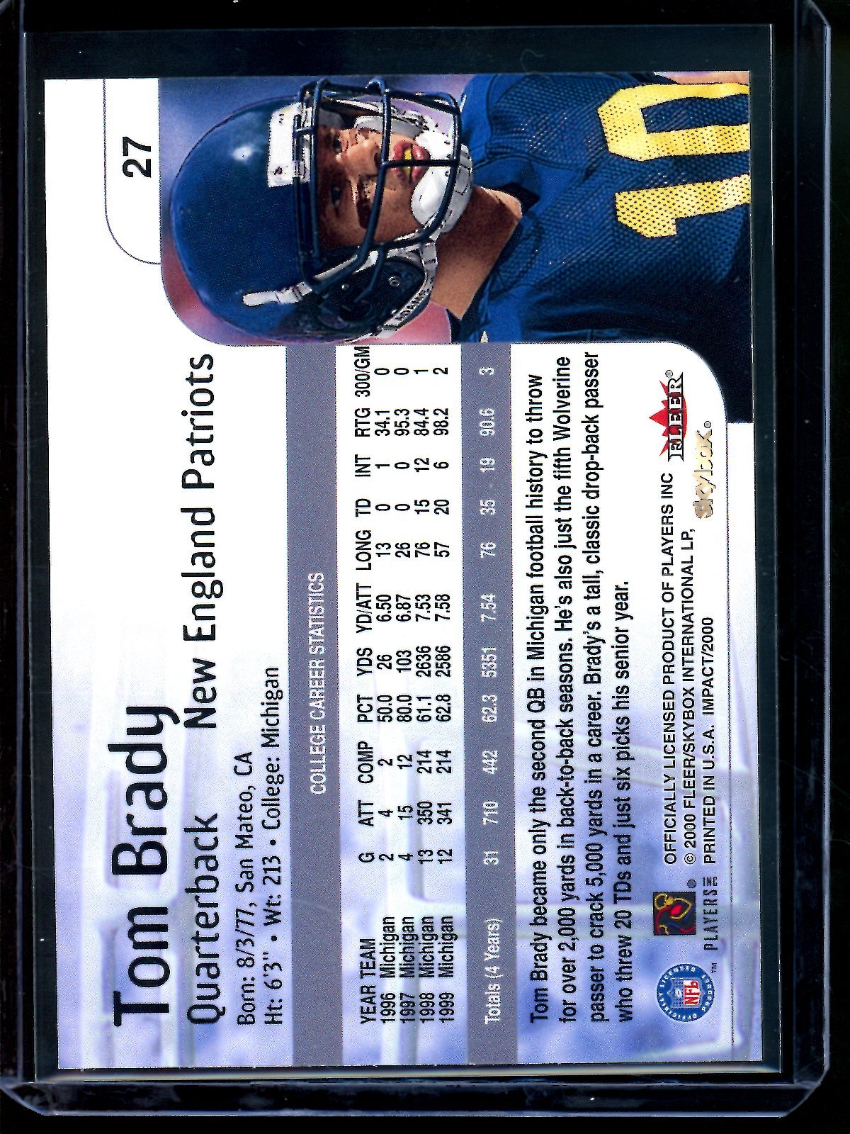 2000 Fleer Impact Tom Brady Rookie Card Patriots