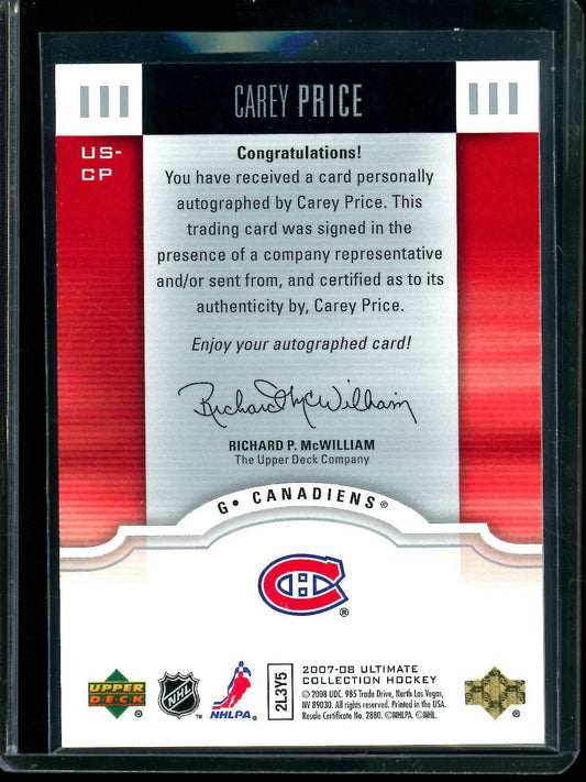 2008 Upper Deck Ultimate Collection Carey Price Rookie Autograph Canadiens