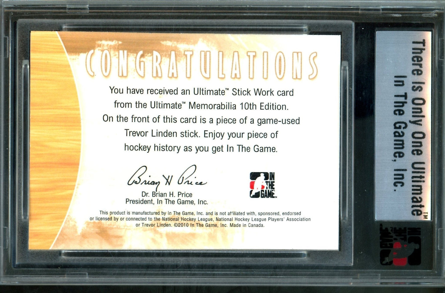 2010 In The Game Ultimate Trevor Linden Stick Work Relic /24 Canucks