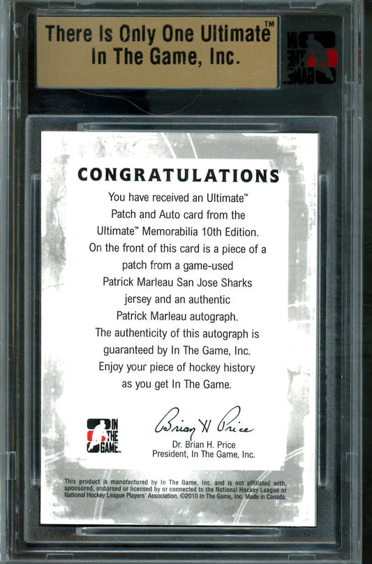 2010 In The Game Ultimate Patrick Marleau Patch and Autograph Silver /9 Sharks