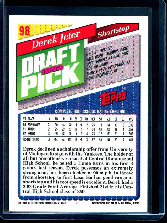 1993 Topps Draft Picks Derek Jeter Gold Rookie Yankees