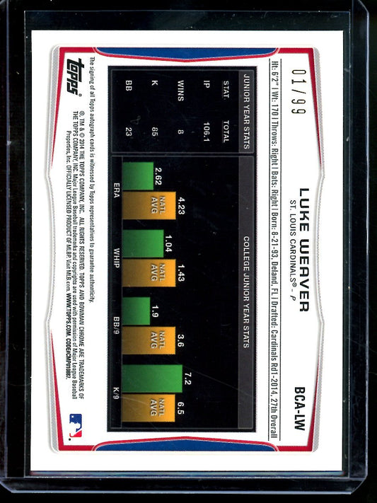 2014 Bowman Chrome Luke Weaver 1st Autograph Green /99 Cardinals