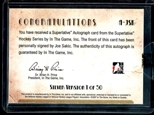 2007 In The Game Superlative Joe Sakic Autograph Sealed 1 of 50 Avalanche