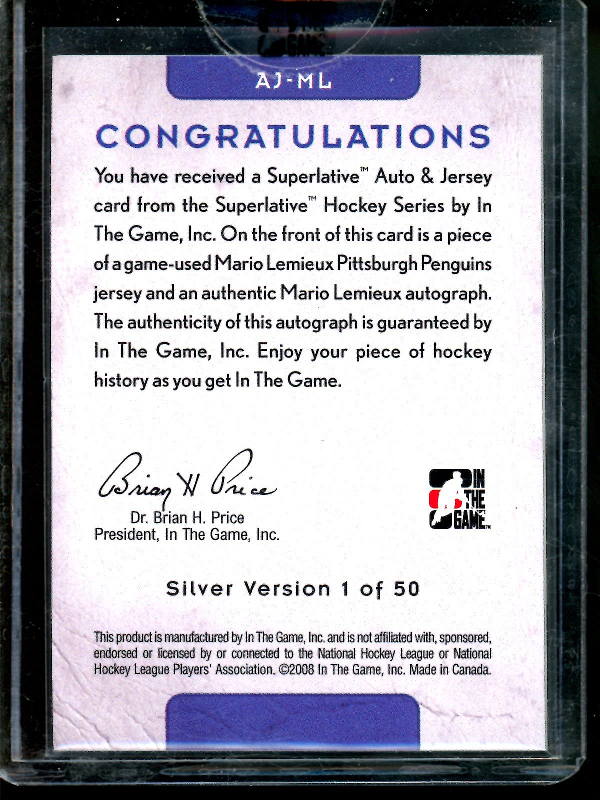 2008 In The Game Superlative Mario Lemieux Jersey Autograph Sealed 1 of 50 Penguins