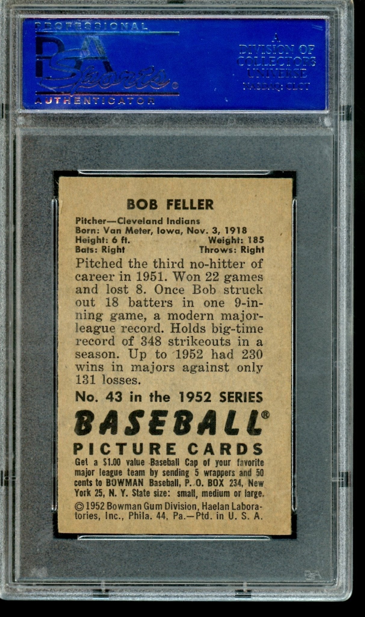 1952 Bowman Bob Feller PSA VG-EX 4 Indians