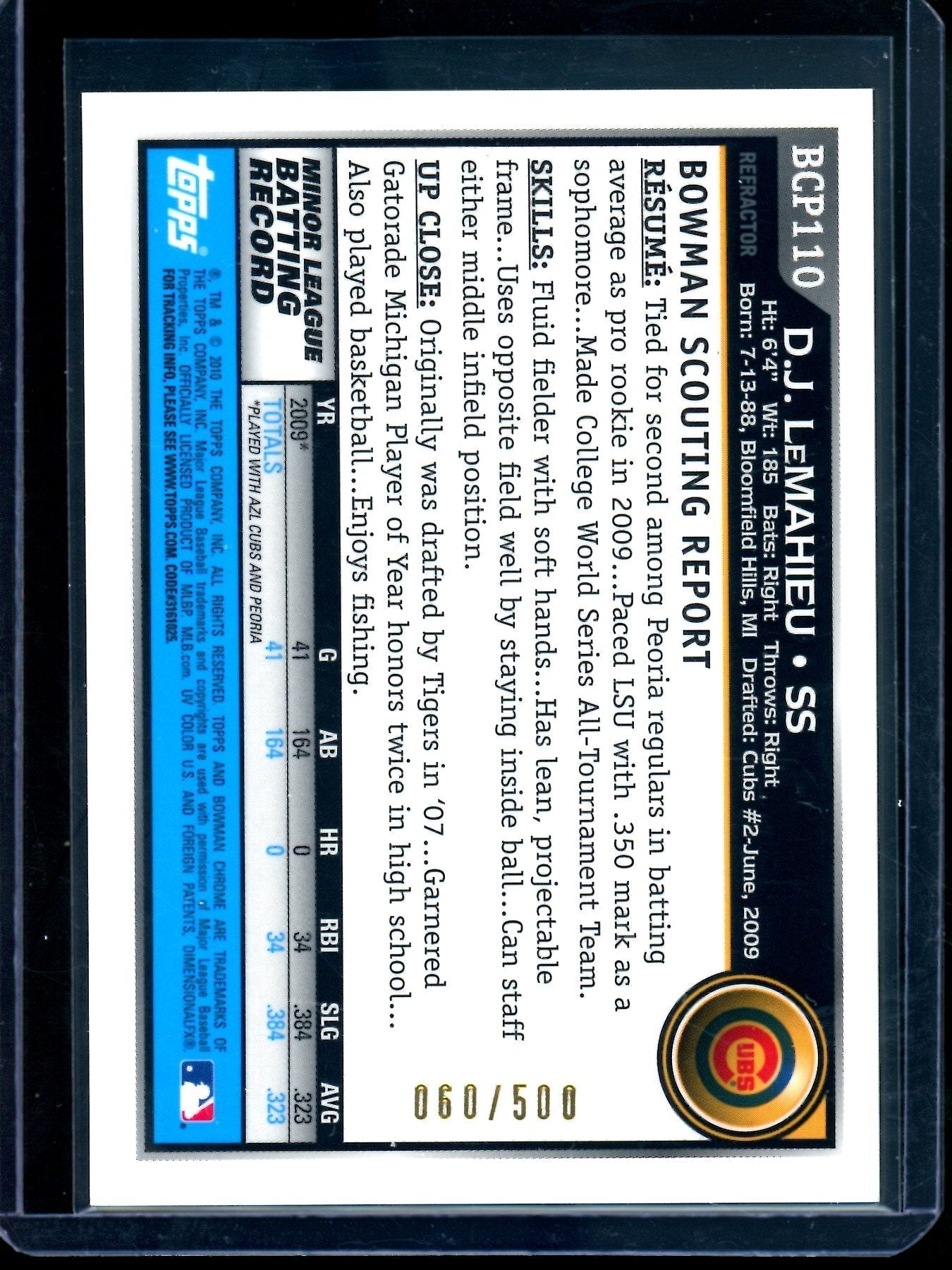 2010 Bowman Chrome DJ LeMahieu Refractor Autograph /500 Cubs / Yankees