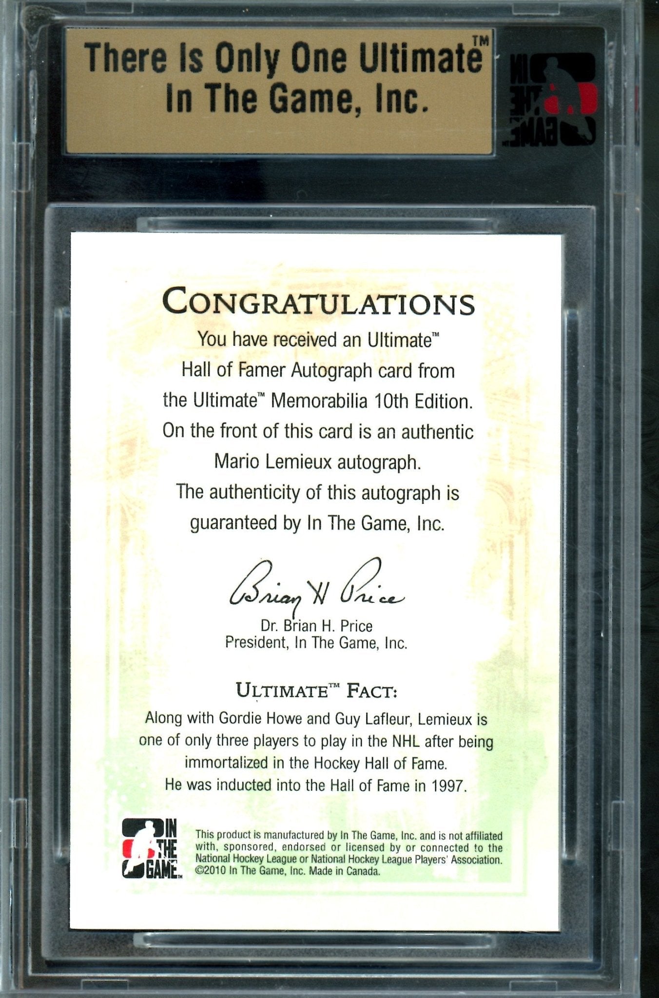 2010 In The Game Ultimate Mario Lemieux Hall of Famer Autograph Silver /9 Penguins