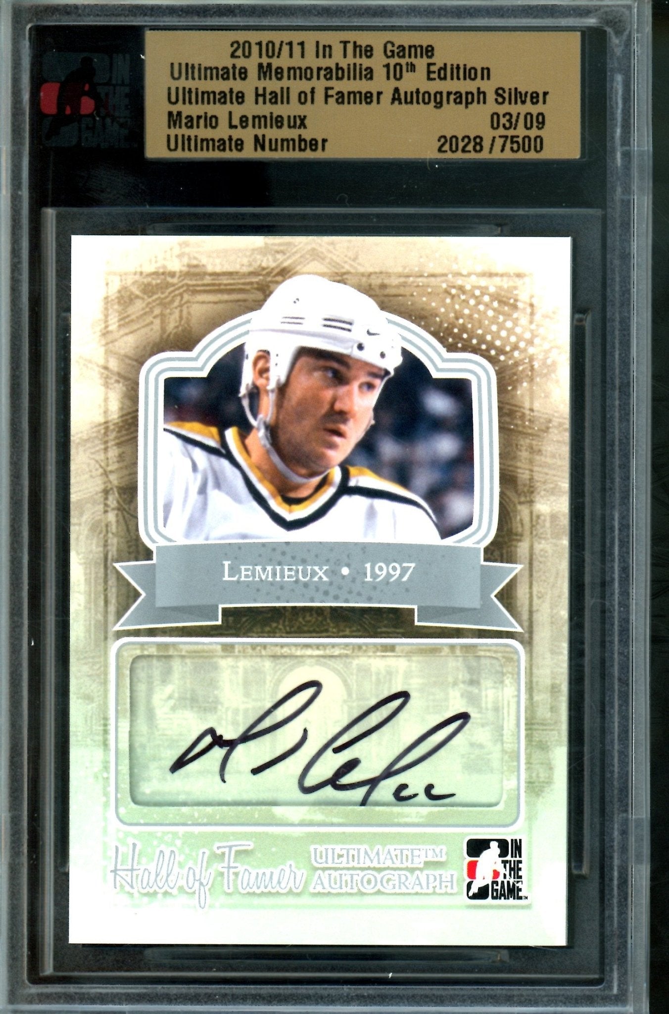 2010 In The Game Ultimate Mario Lemieux Hall of Famer Autograph Silver /9 Penguins