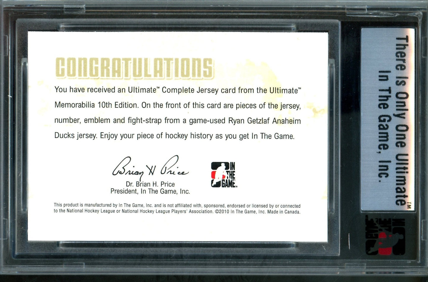 2010 In The Game Ultimate Ryan Getzlaf Complete Jersey /9 Ducks