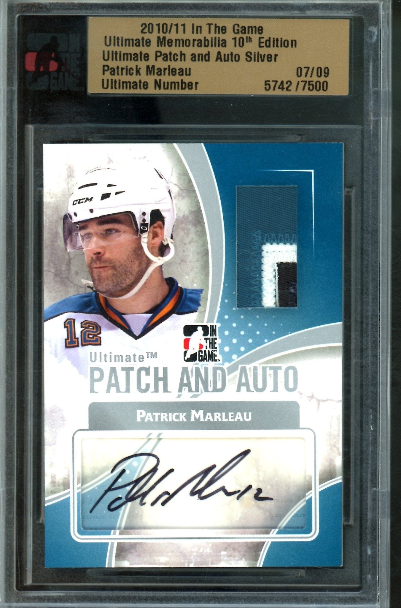 2010 In The Game Ultimate Patrick Marleau Patch and Autograph Silver /9 Sharks