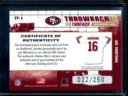 2003 Panini Elite Joe Montana Throwback Threads Autograph /250 49ers