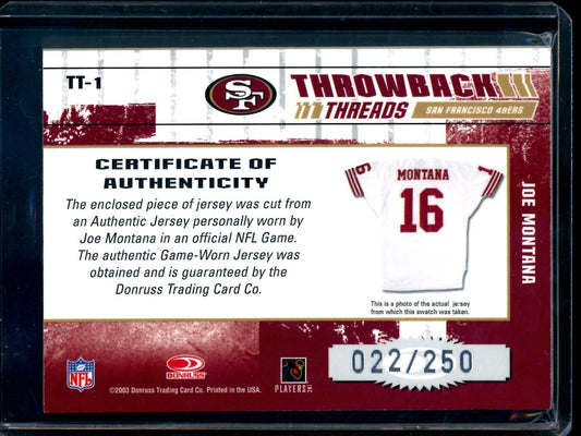2003 Panini Elite Joe Montana Throwback Threads Autograph /250 49ers