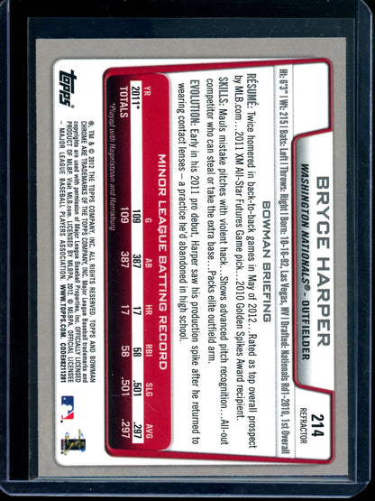 2012 Bowman Chrome Bryce Harper Refractor Rookie Nationals / Phillies