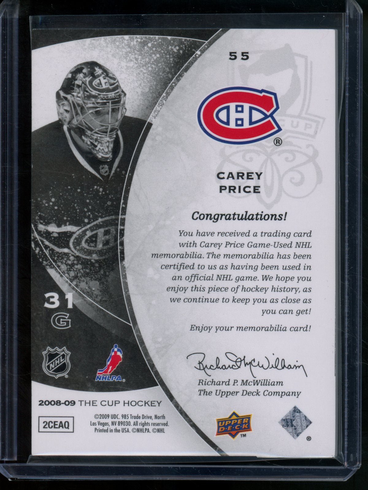 2009 Upper Deck The Cup Carey Price Relic /25 Canadiens