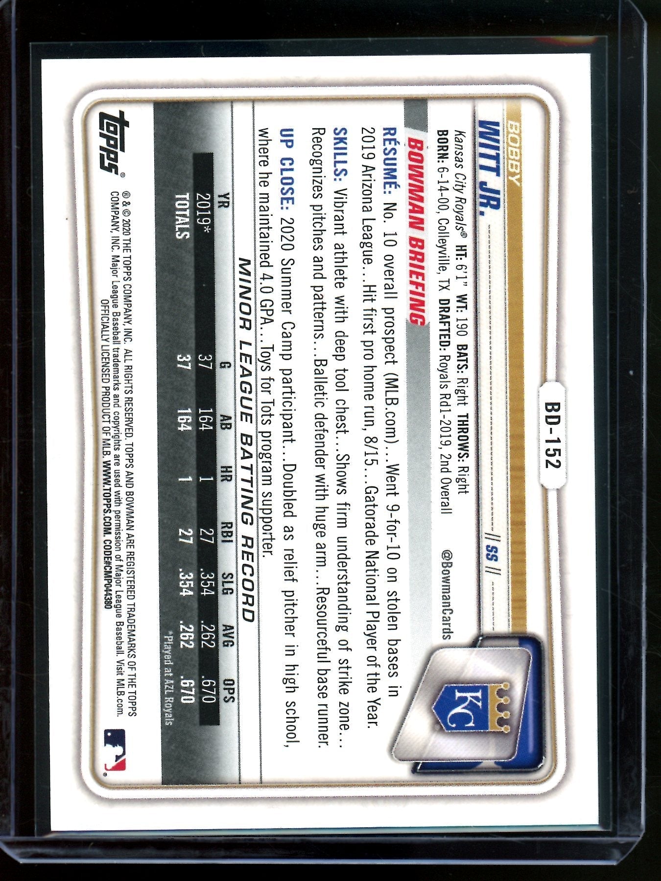 2001 Bowman Bobby Witt Jr 1st Edition Blue Foil /150 Royals